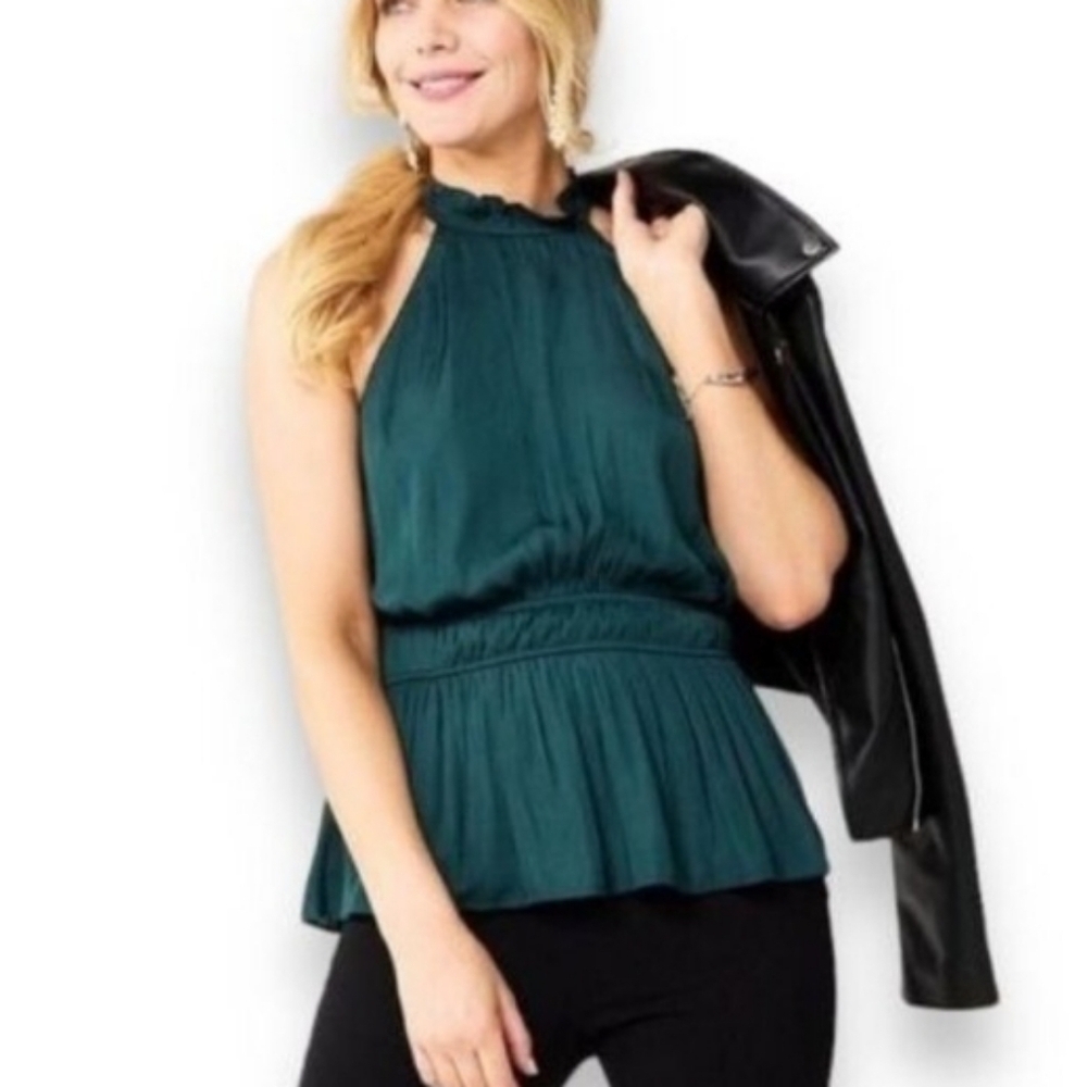 Nine West Sleeveless Ruffle Halter Peplum Top, Forest Green, XS, 19"PTP, 24"L